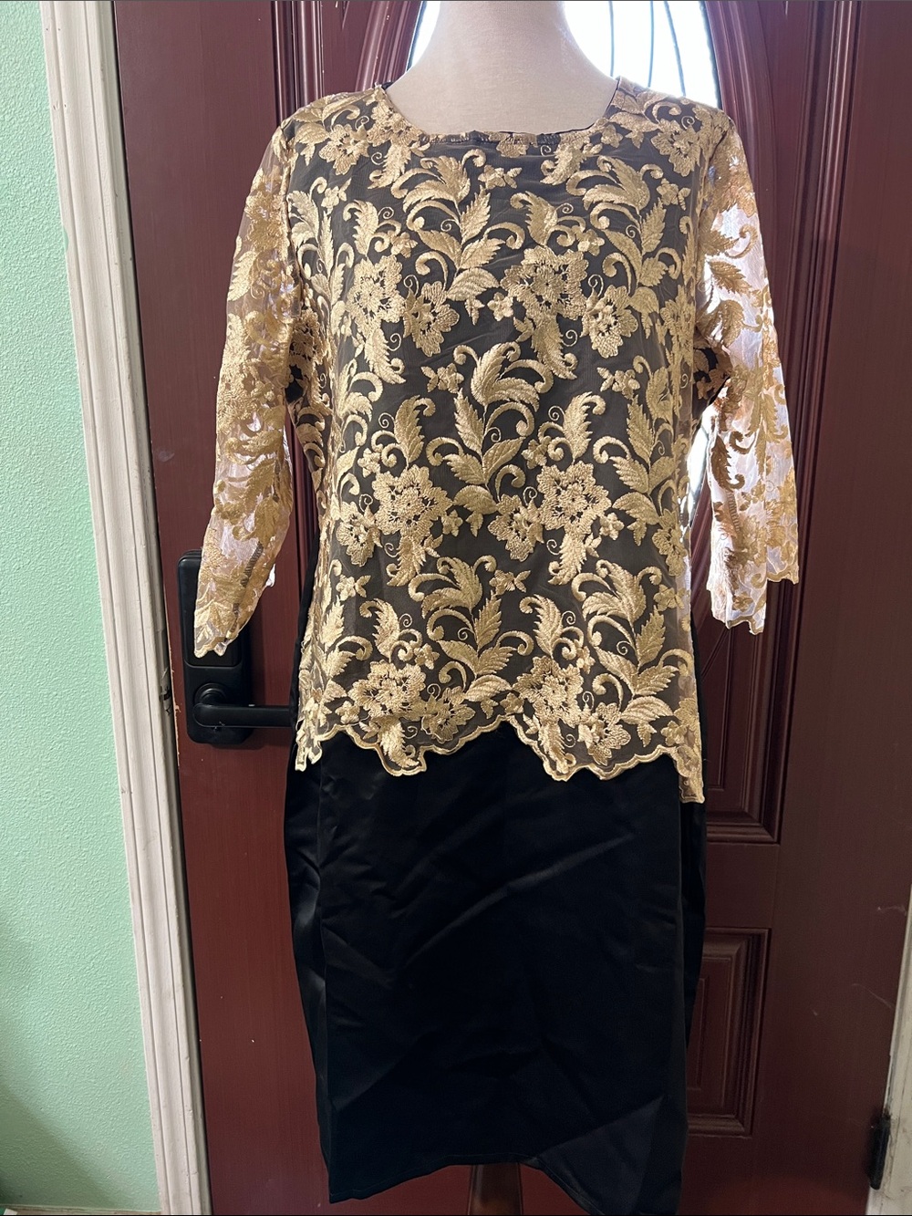 Gold Lace Overlay Black Pencil Skirt - Women